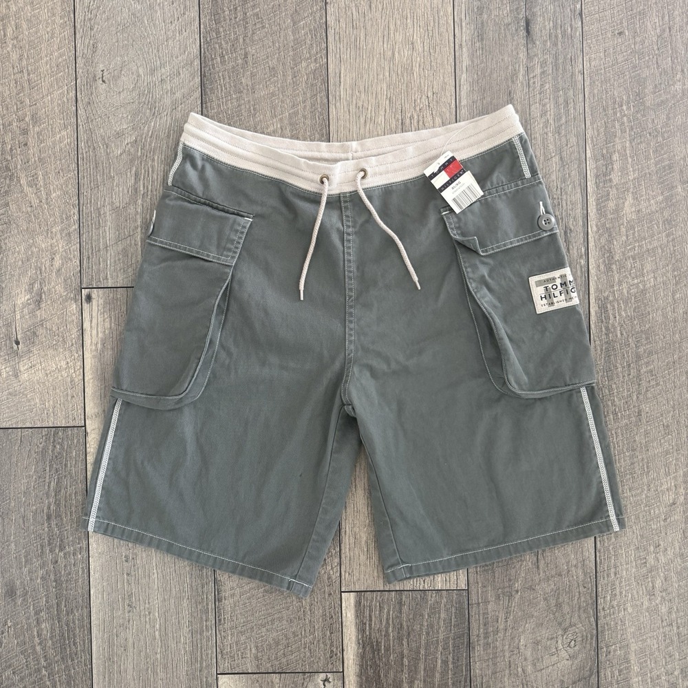 Vintage Tommy Hilfiger Cargo Shorts Mens XL Green Shorts Y2K Drawstrings